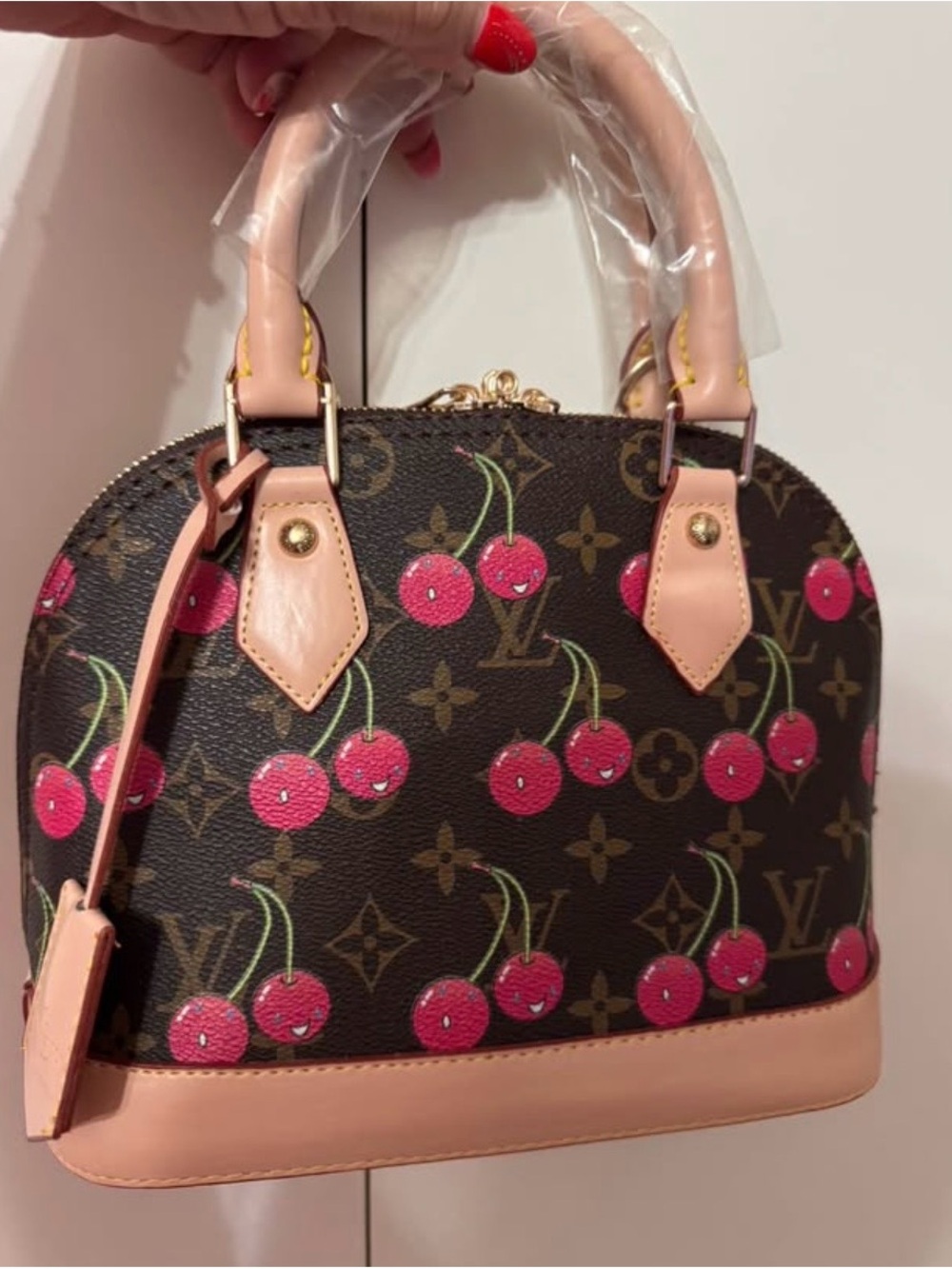 Designer Pink Cherry-Print Dome Satchel - Pink